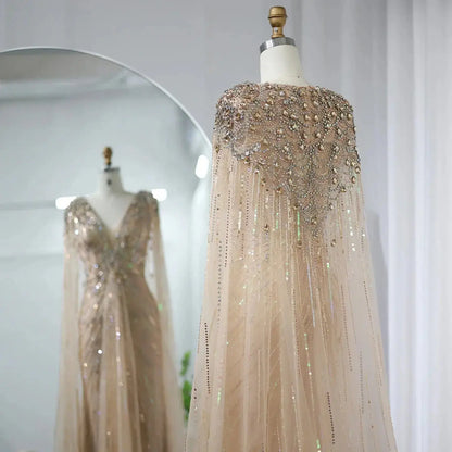 Luxury Dubai Green Evening Dresses with Cape Fuchsia Crystal Gold SS399