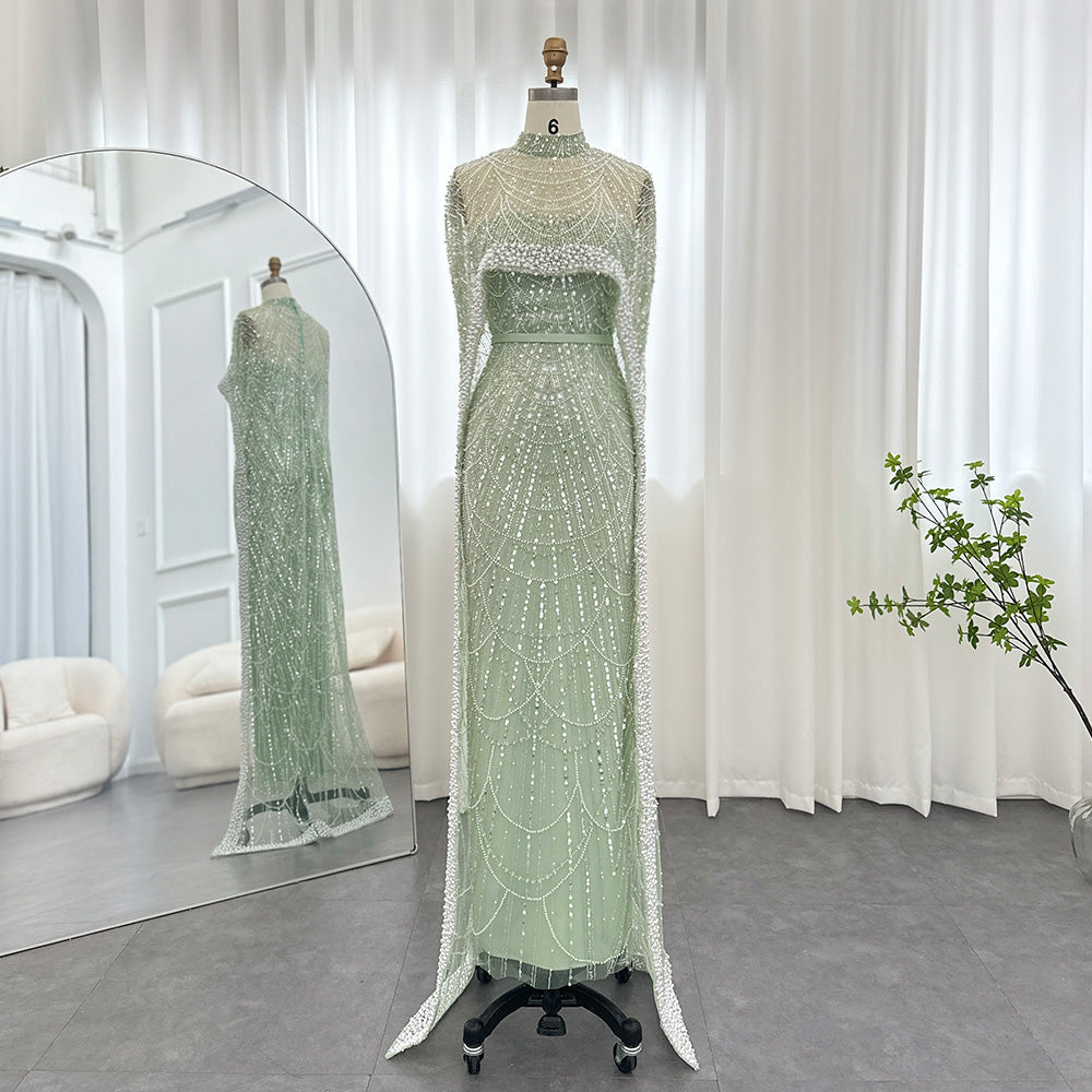 Luxury Pearls Champagne Mermaid Evening Dress with Cape SS369