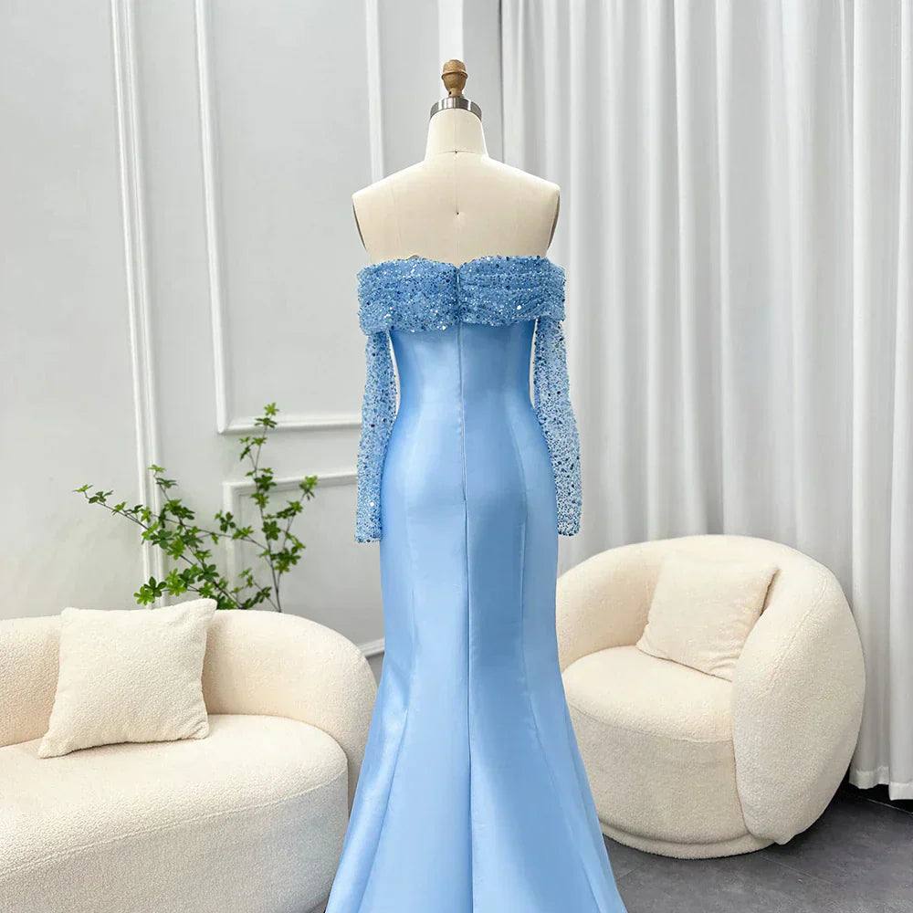 Elegant Off Shoulder Blue Long Sleeves Mermaid Evening Dress SF079