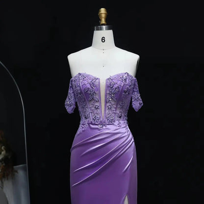 Luxury Lilac Off-the-Shoulder Beaded Sheer High-Slit Mermaid Prom Dress SH534