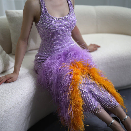 Luxury Feathers Lilac Crystal Mermaid Evening Dresses SS473