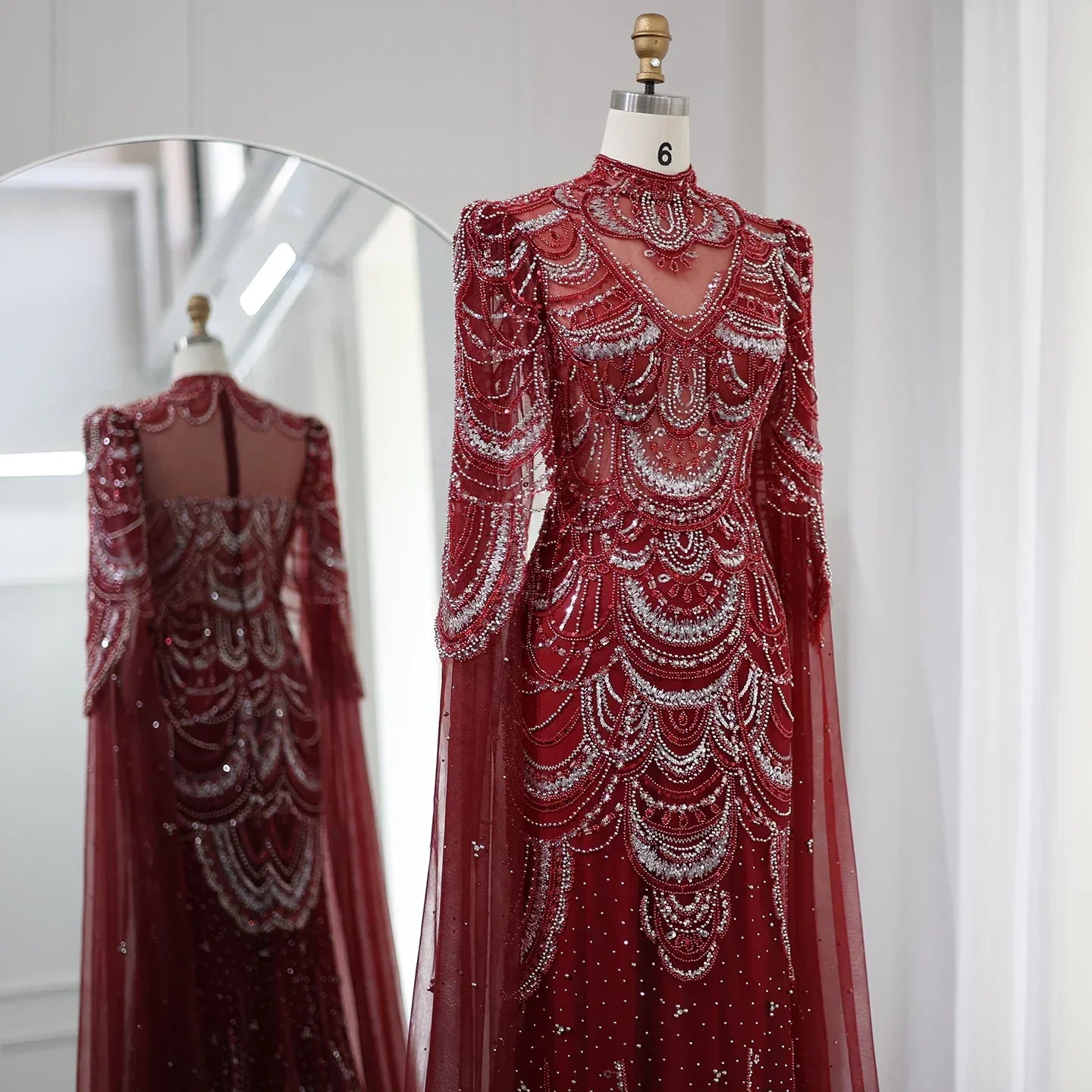 Luxury Burgundy Mermaid Evening Dresses with Cape Sleeves SS145