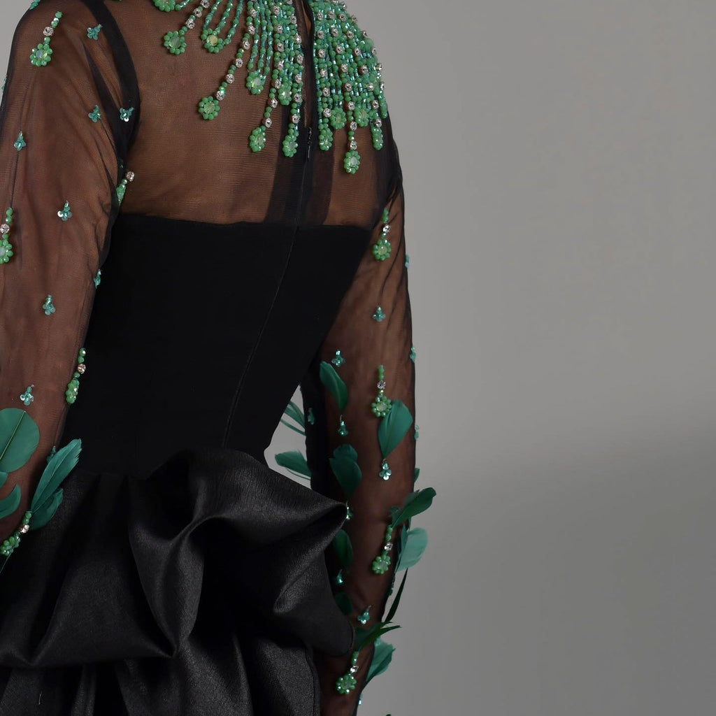 Luxury Green Feathers Black Long Sleeves Evening Dress SS457