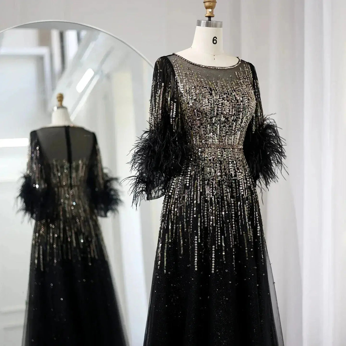 Luxury Feathers Black Half Sleeve Evening Dress SS339