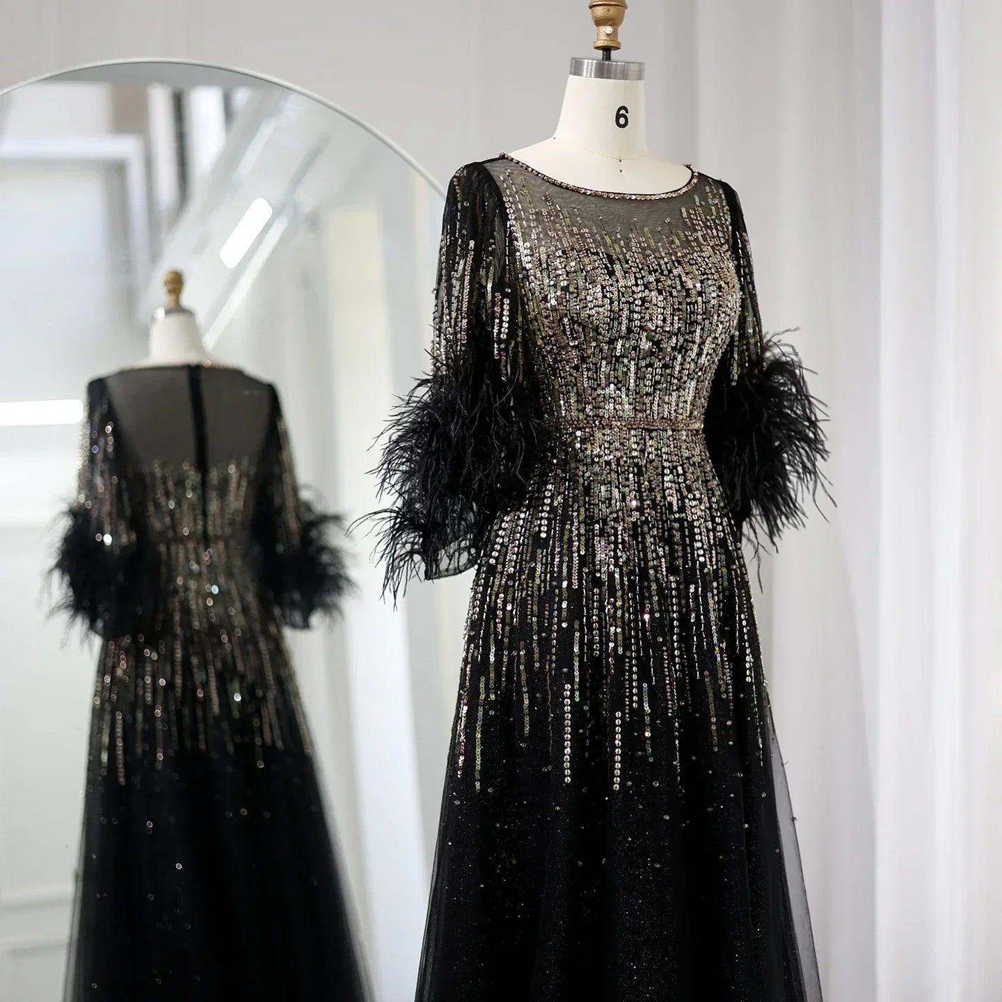 Luxury Feathers Black Half Sleeves A-Line Evening Dresses SS339