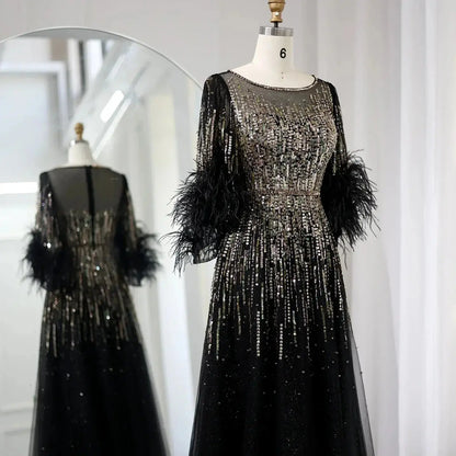 Luxury Feathers Black Half Sleeve Evening Dress SS339
