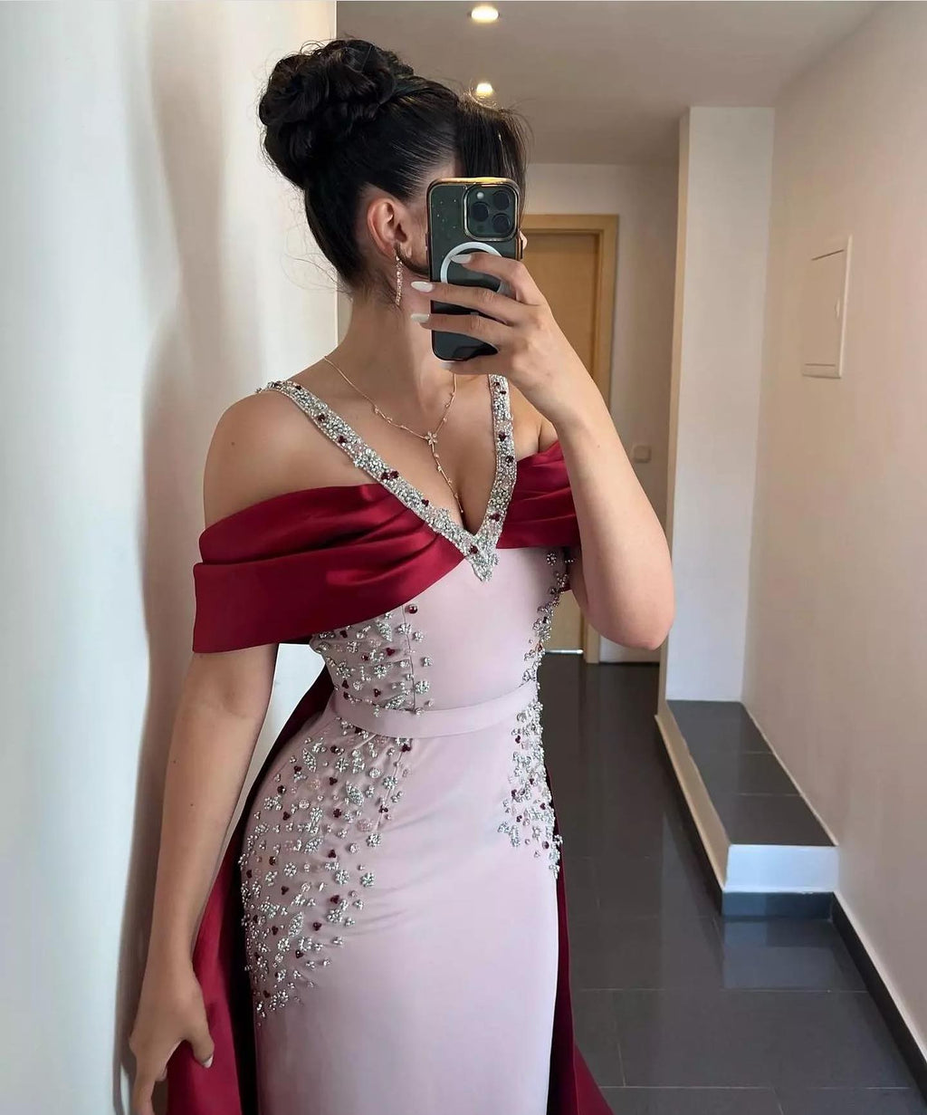 Luxury Pink Burgundy Mermaid Evening Dress with Cape SS446