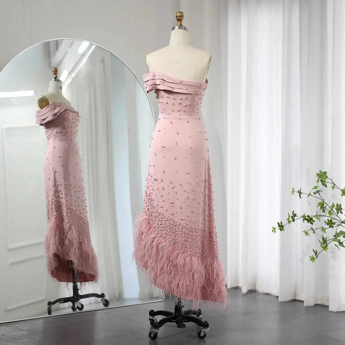 Luxury Feathers Pink Off Shoulder Evening Dress SS388