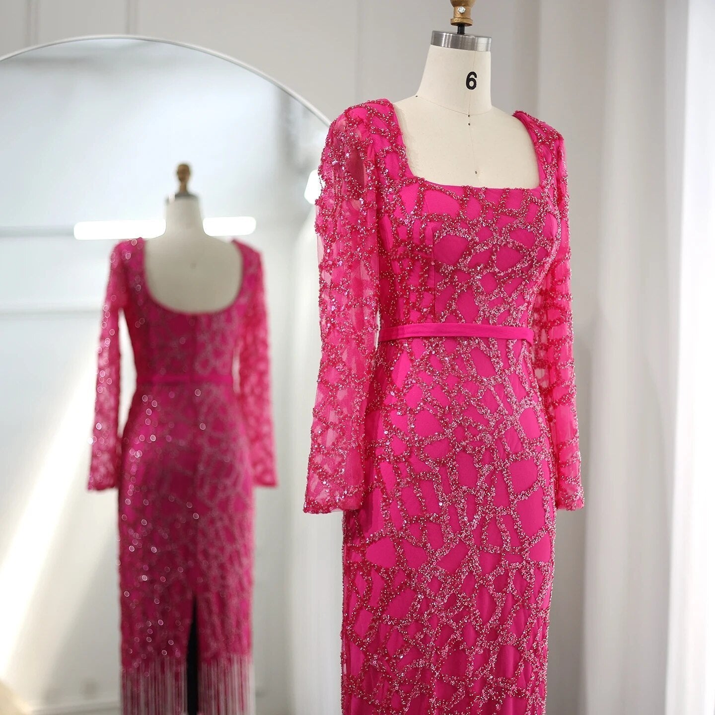 Luxury Tassel Hot Pink Square Neck Long Sleeves Evening Dress SS347