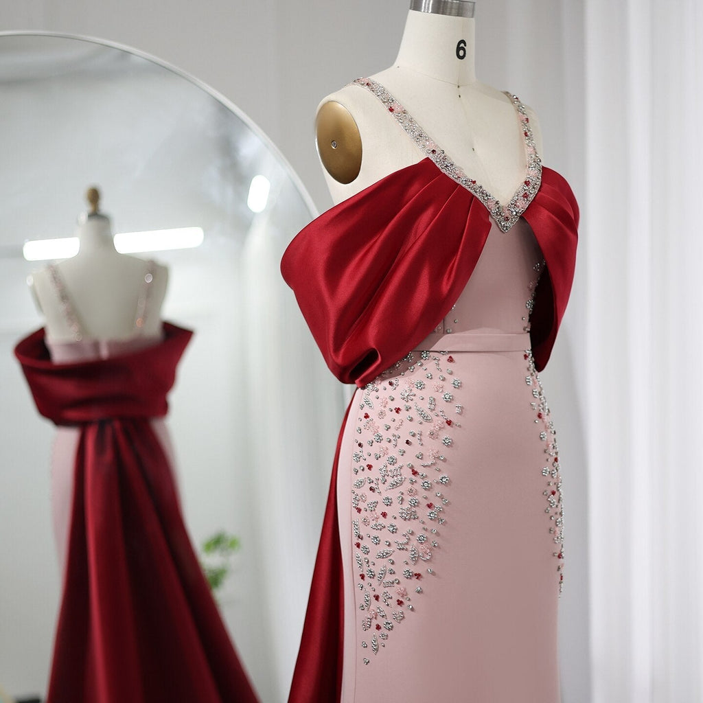 Luxury Pink Burgundy Mermaid Evening Dress with Cape SS446