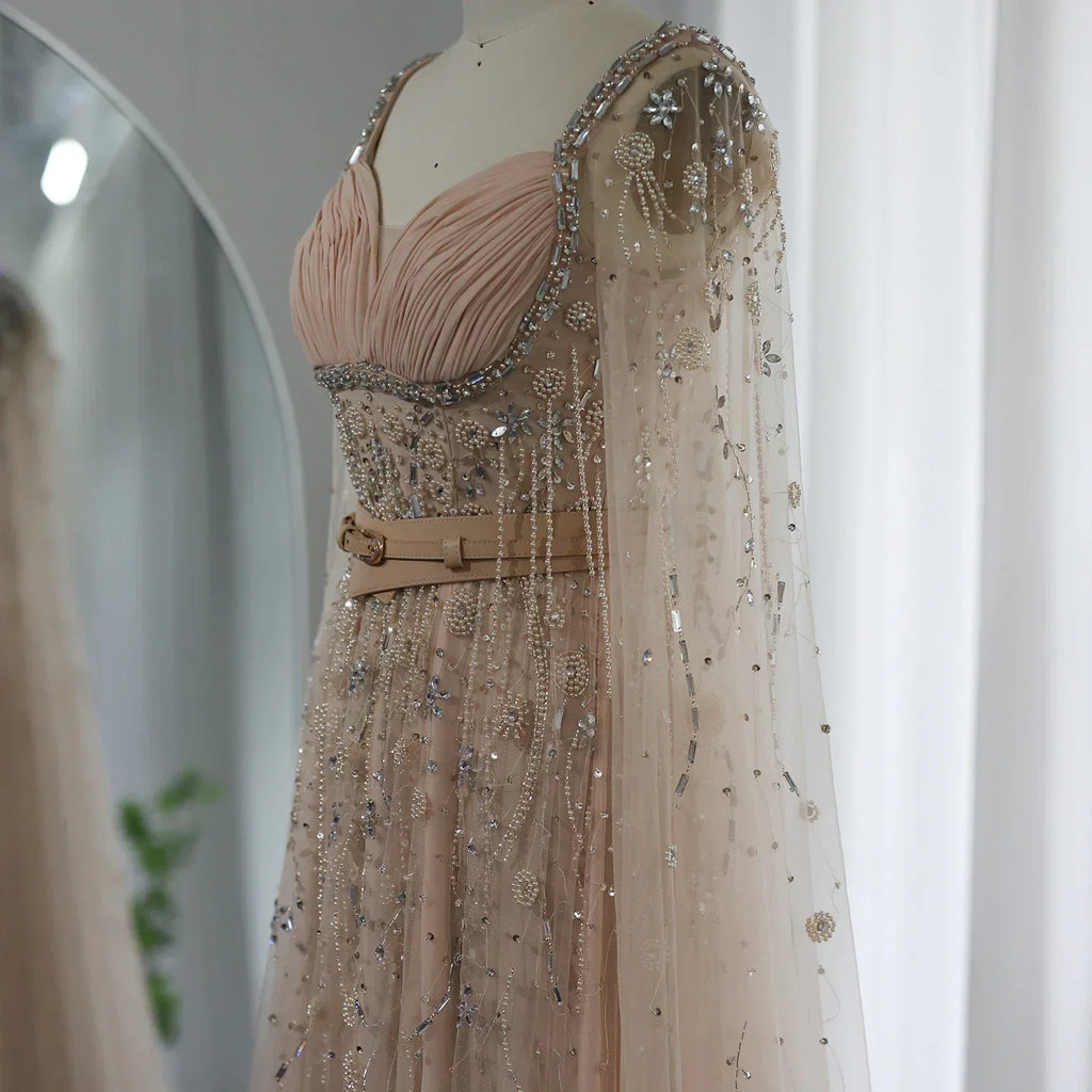 Luxury Beaded Tassel Champagne Evening Dresses with Slit SS376