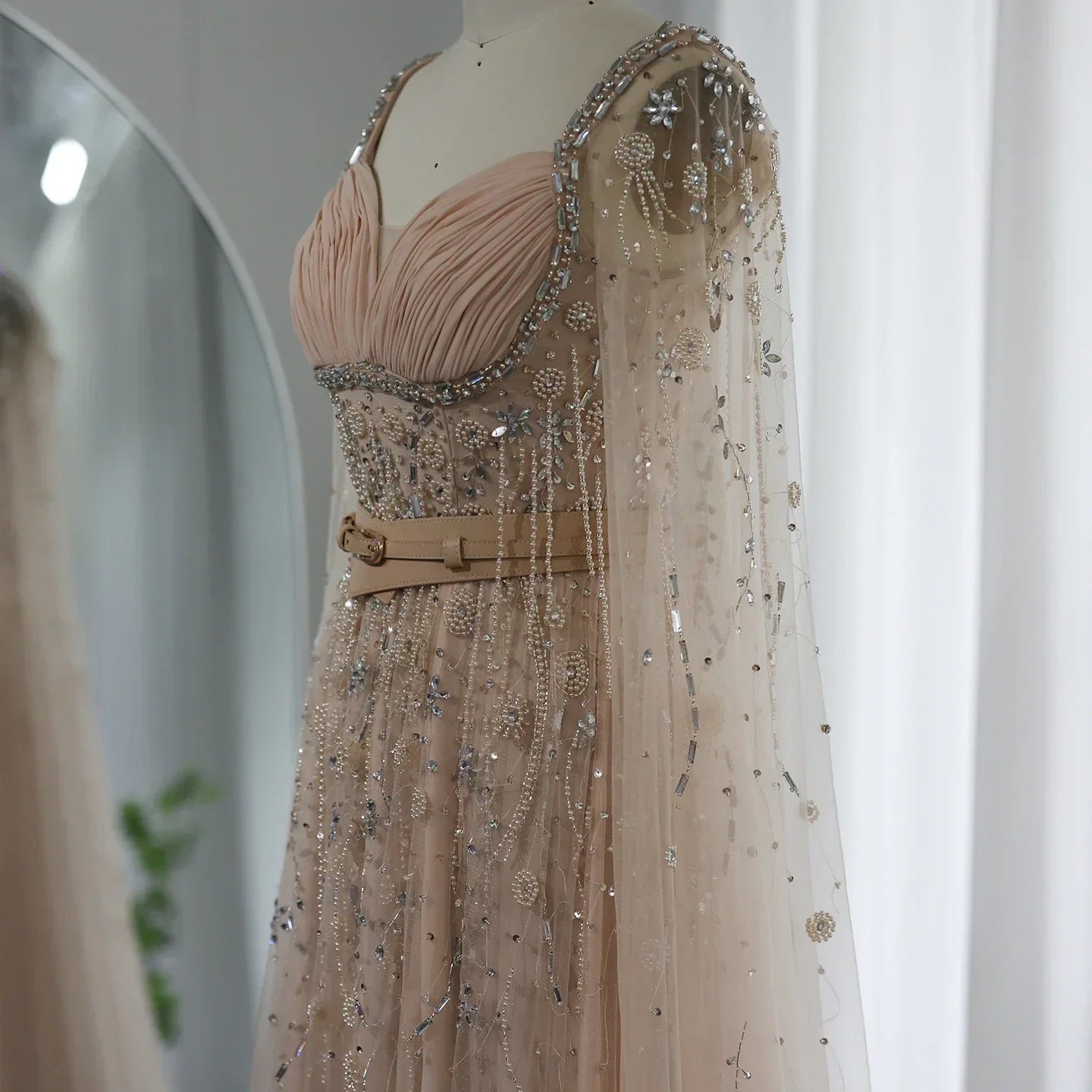 Luxury Beaded Tassel Champagne Evening Dresses with Slit SS376