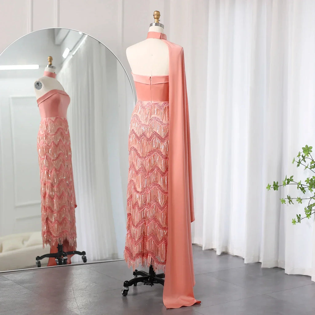 Elegant Coral Pink Tassel Strapless Evening Dress with Cape Sleeves SS143
