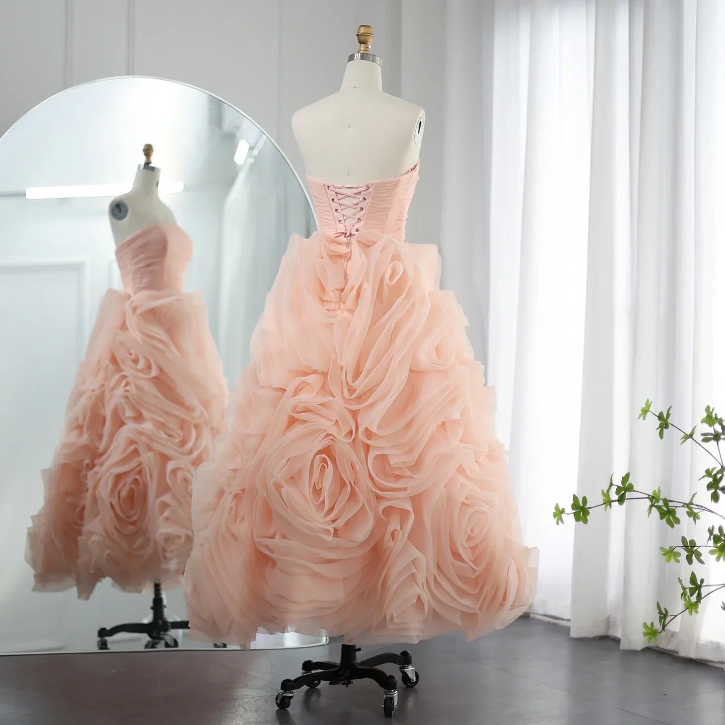 Luxury 3D Rose Flower Pink Midi Evening Dresses SS343