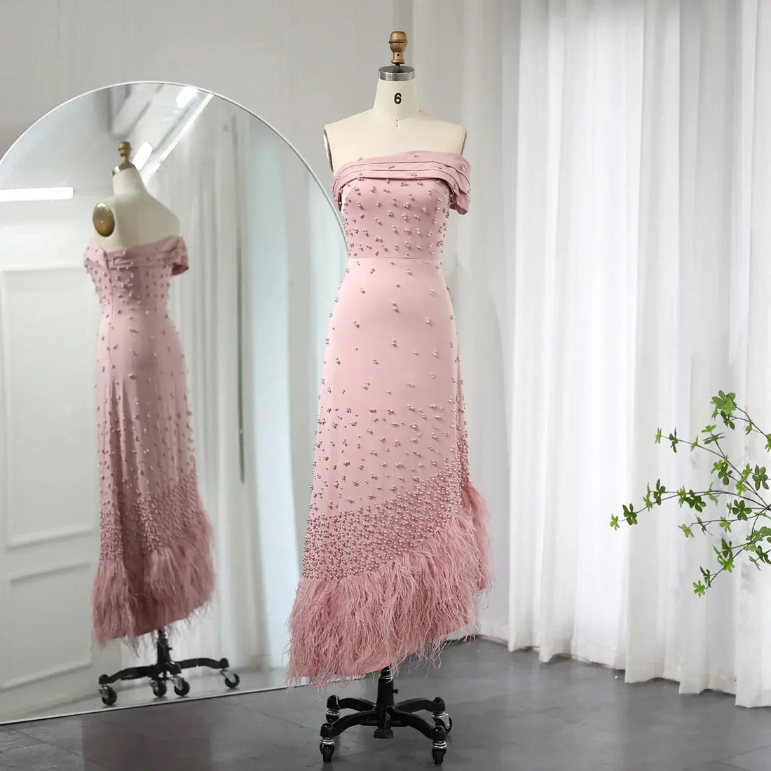 Luxury Feathers Pink Off Shoulder Evening Dress SS388
