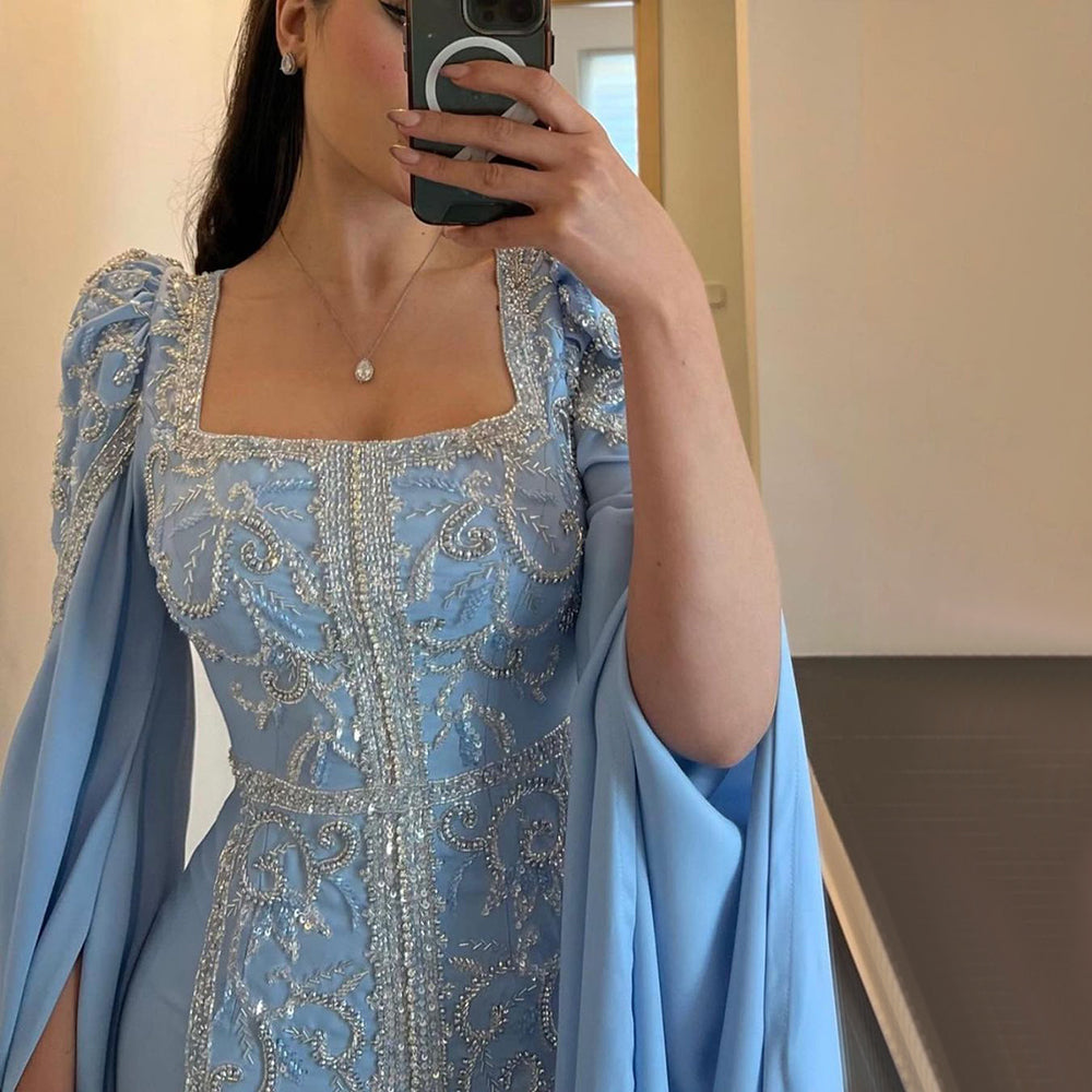 Luxury Blue Mermaid Evening Dress with Cape Sleeves SS365
