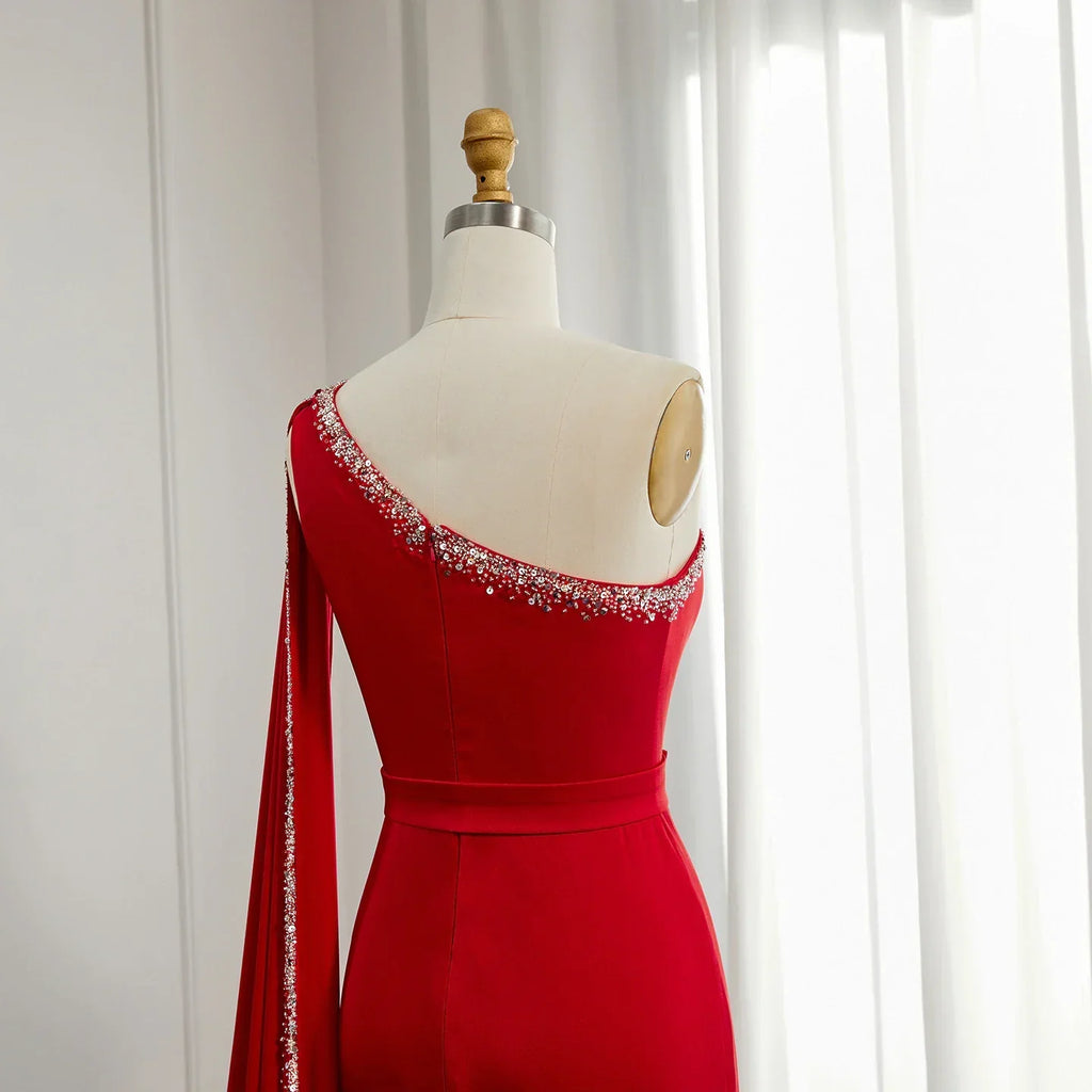 Luxury Burgundy One Shoulder Evening Dress with Cape Sleeve SS384