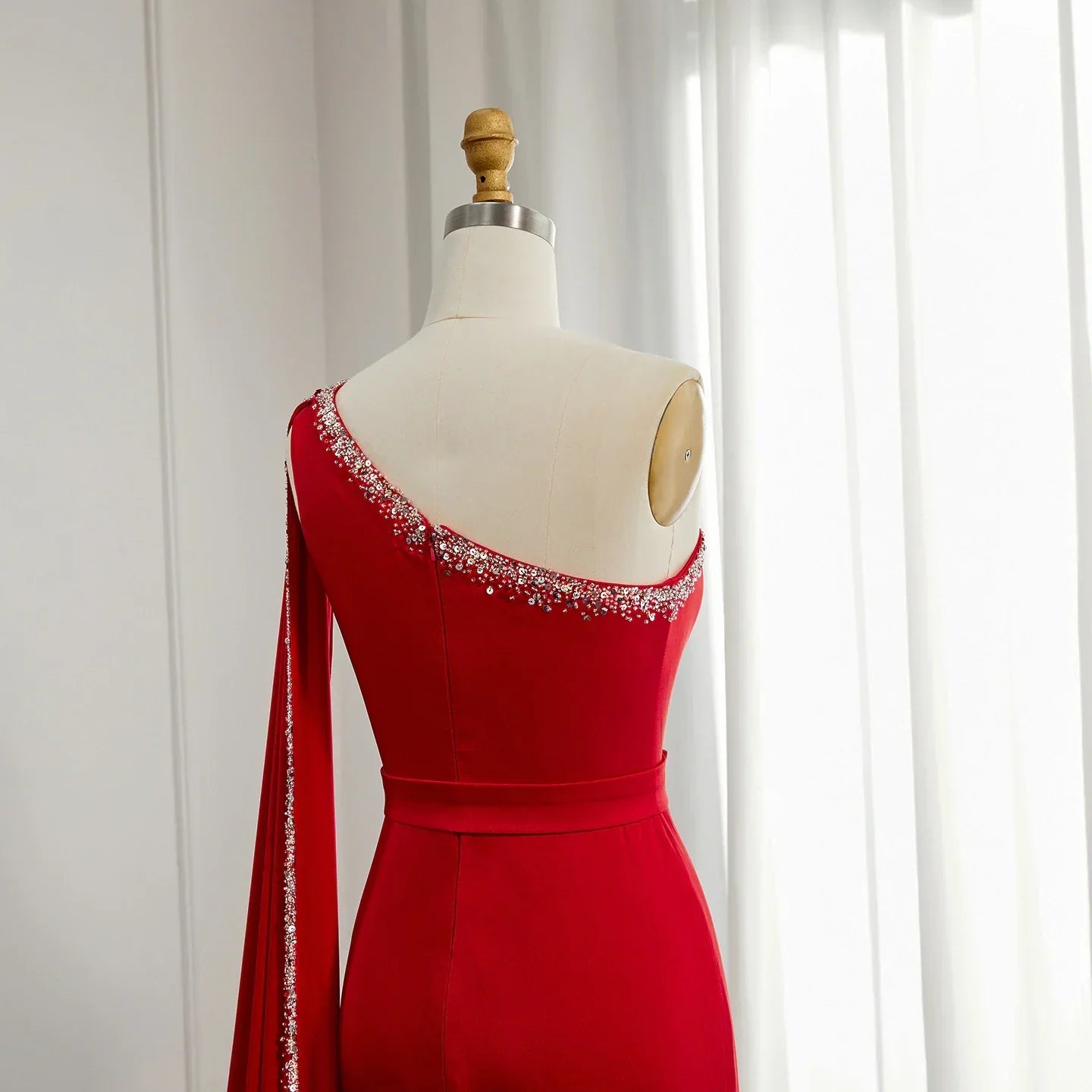 Luxury Burgundy One Shoulder Evening Dress with Cape Sleeve SS384
