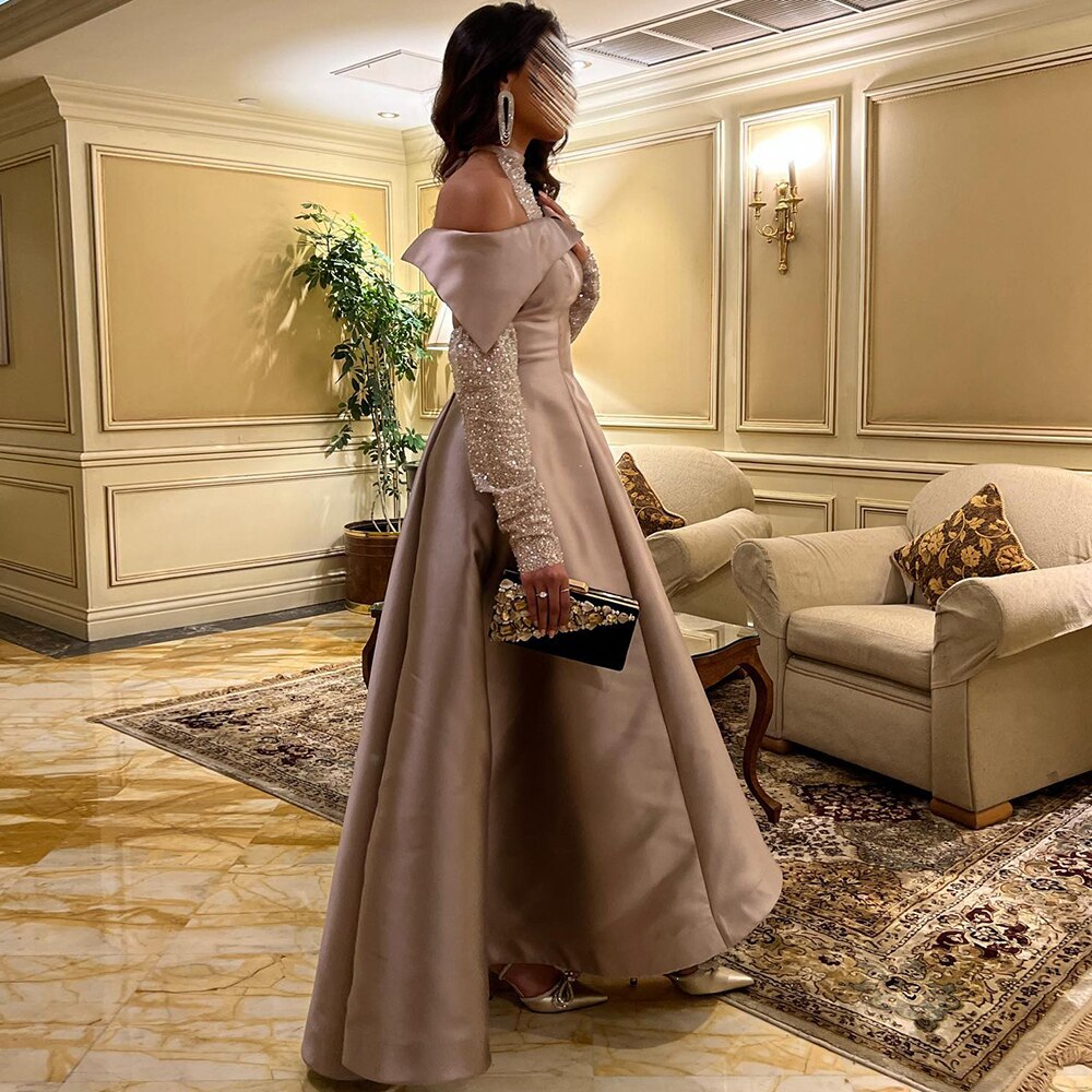Elegant Halter Rose Gold A-Line Satin High Low Evening Dress SF058L