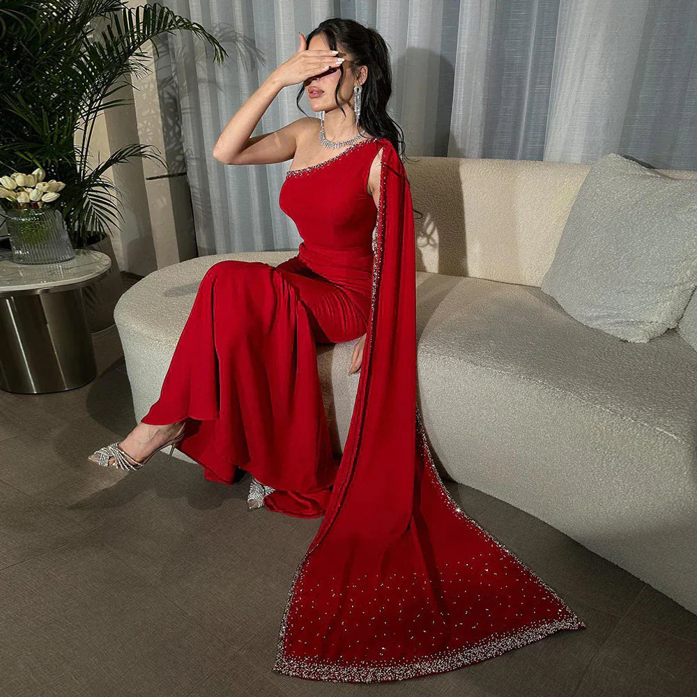Luxury Burgundy One Shoulder Evening Dress with Cape Sleeve SS384