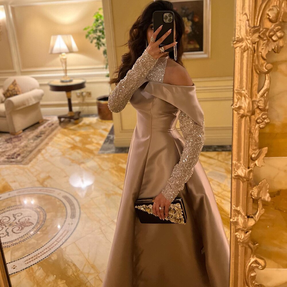 Elegant Halter Rose Gold A-Line Satin High Low Evening Dress SF058L