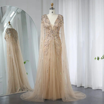 Luxury Dubai Green Evening Dresses with Cape Fuchsia Crystal Gold SS399
