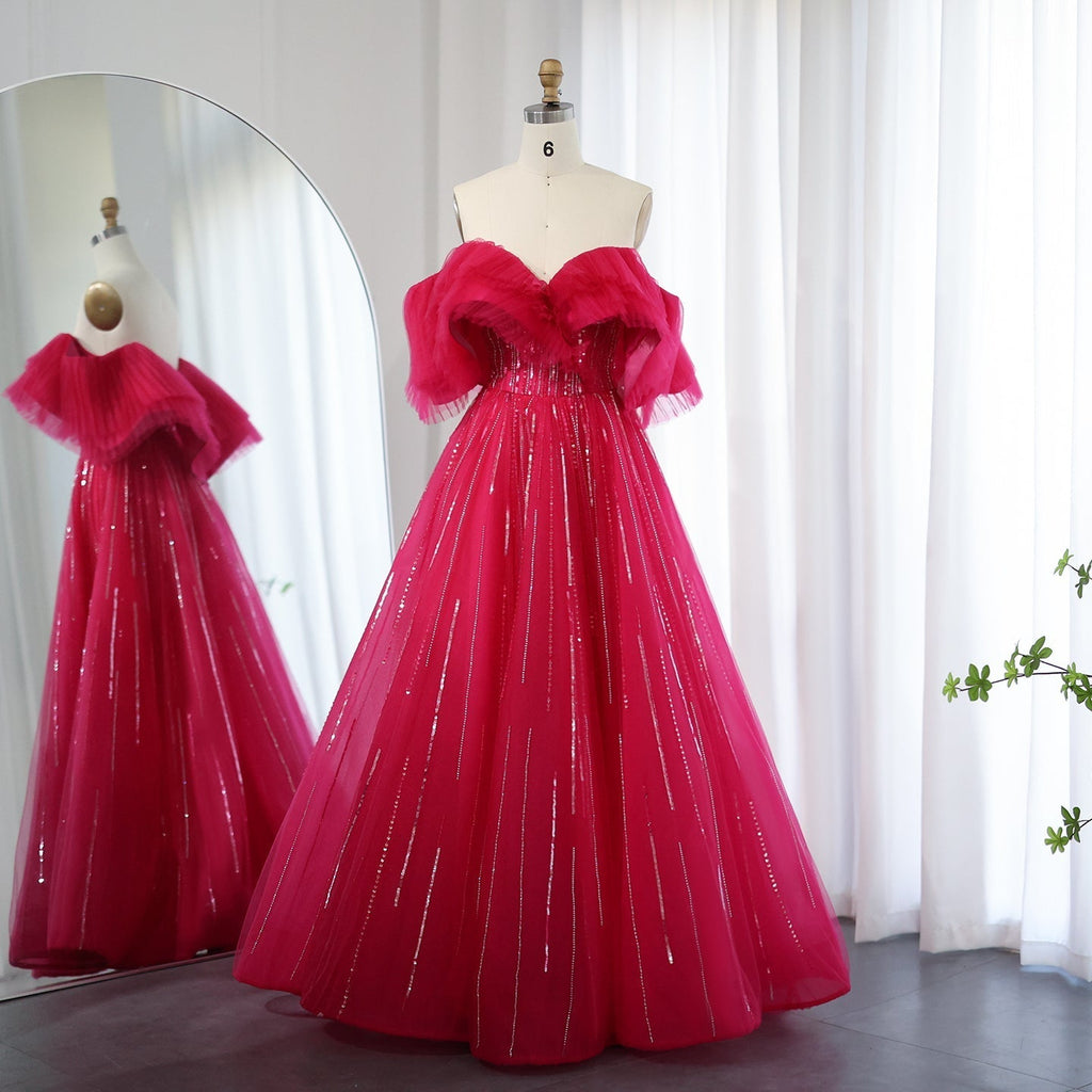 Luxury Fuchsia Off Shoulder A-Line Evening Dress SS390