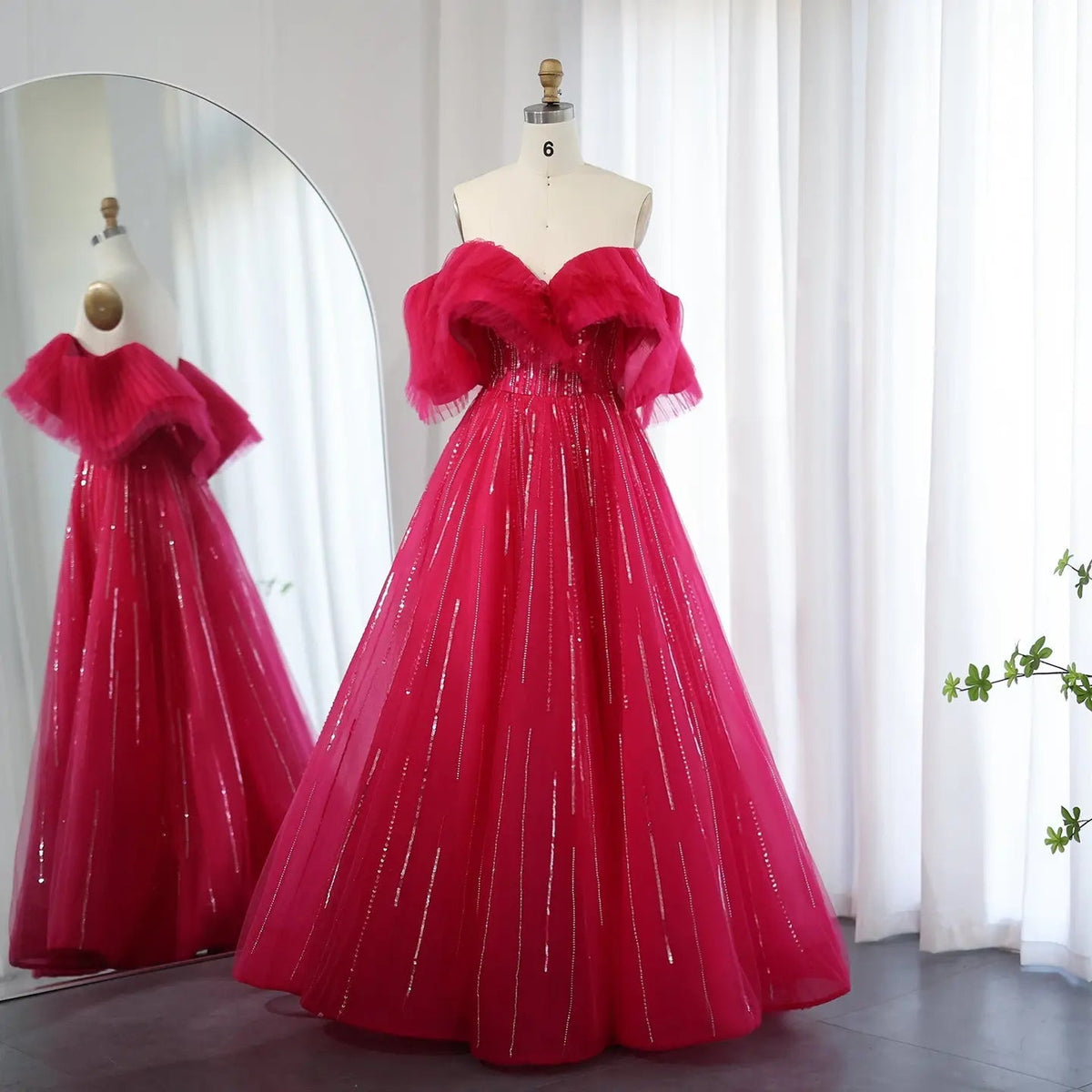 Luxury Off Shoulder Ball Gown Fuchsia Evening Dress SS390