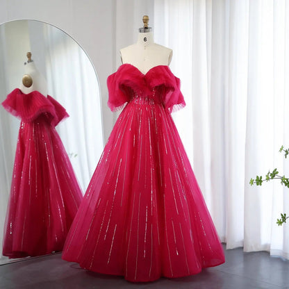 Luxury Off Shoulder Ball Gown Fuchsia Evening Dress SS390