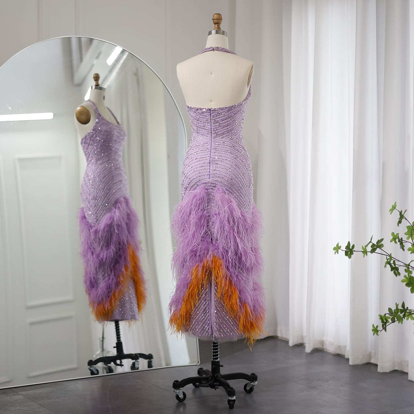 Luxury Feathers Lilac Crystal Mermaid Evening Dresses SS473
