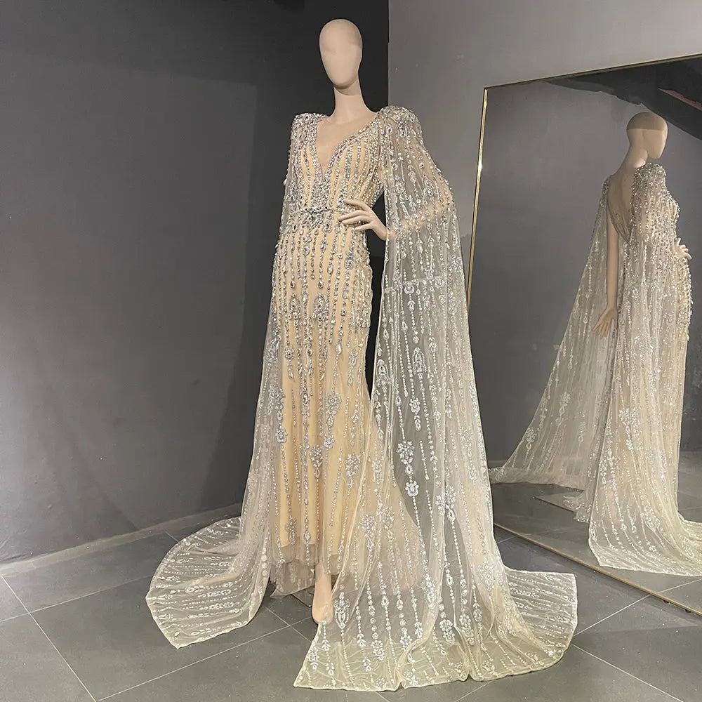 Luxury Crystal Pearls Evening Dress with Cape Sleeves SS750