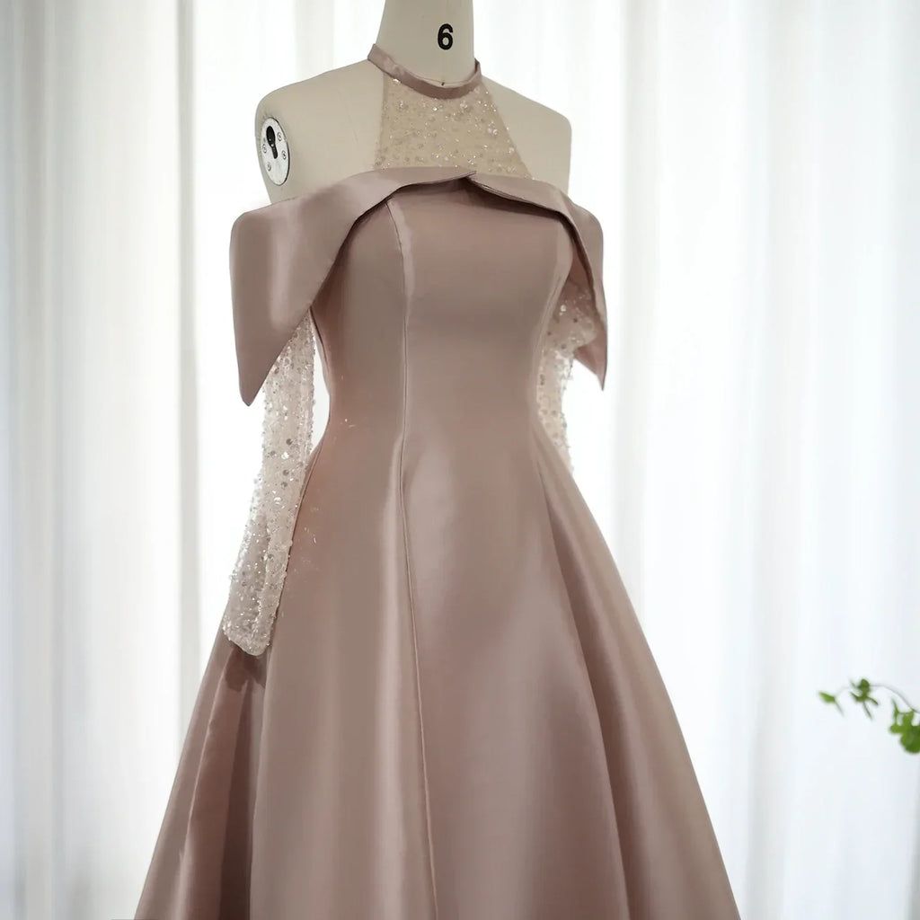 Elegant Halter Rose Gold A-Line Satin High Low Evening Dress SF058L