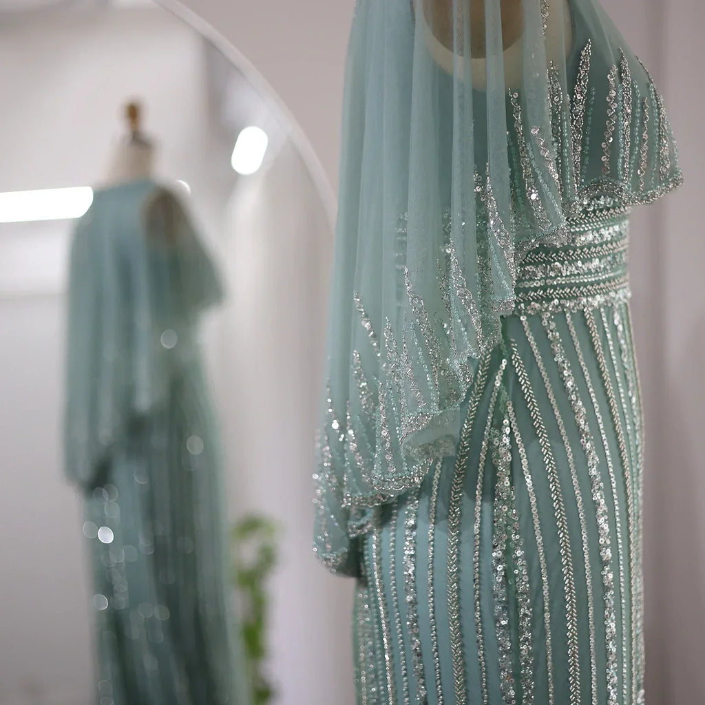 Luxury Beaded Pink V-Neck Mermaid Evening Dresses with Cape SS284