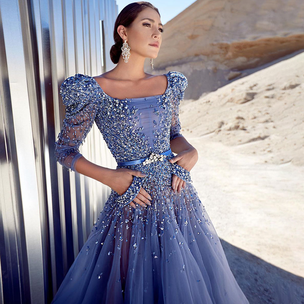 Elegant Beaded Blue Half Sleeves Ankle Length Evening Dress SS240