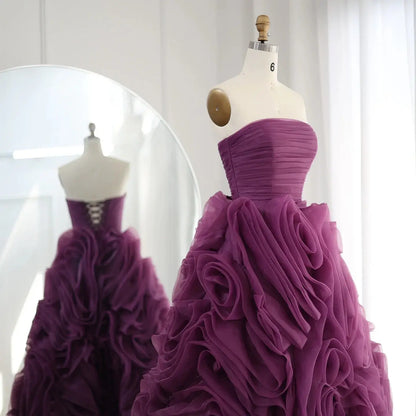 Luxury 3D Rose Flower Purple Strapless Evening Dress SF451