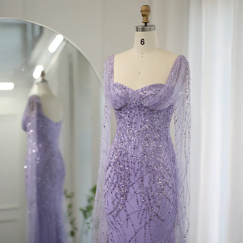 Luxury Lilac Mermaid Evening Dresses with Cape Sleeves SS237