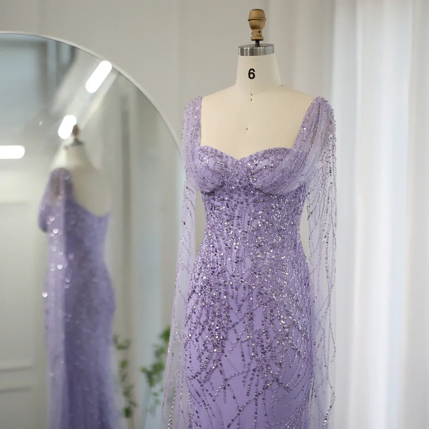 Luxury Lilac Mermaid Evening Dresses with Cape Sleeves SS237