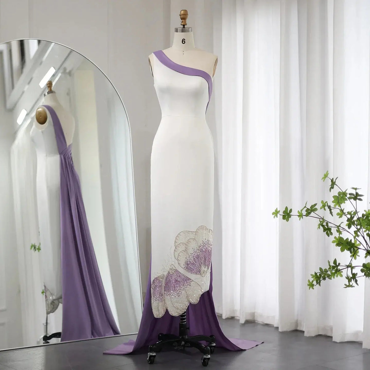 Luxury Butterfly Beaded One Shoulder White Evening Dress SS475