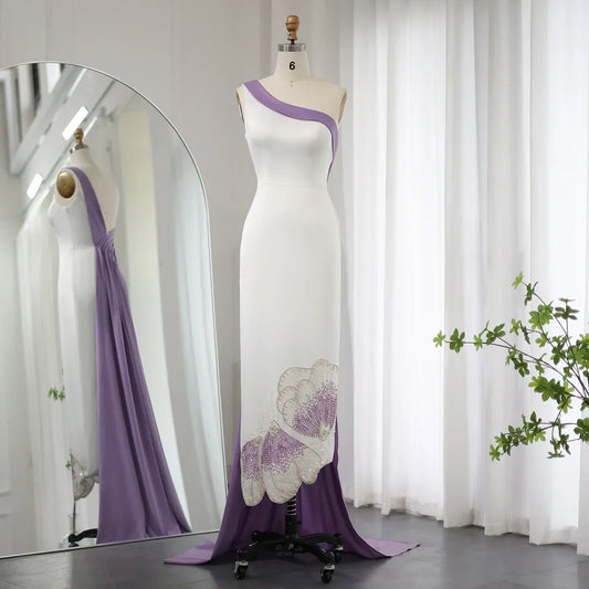 Elegant Beaded White Lilac Butterfly One Shoulder Evening Dress SS475
