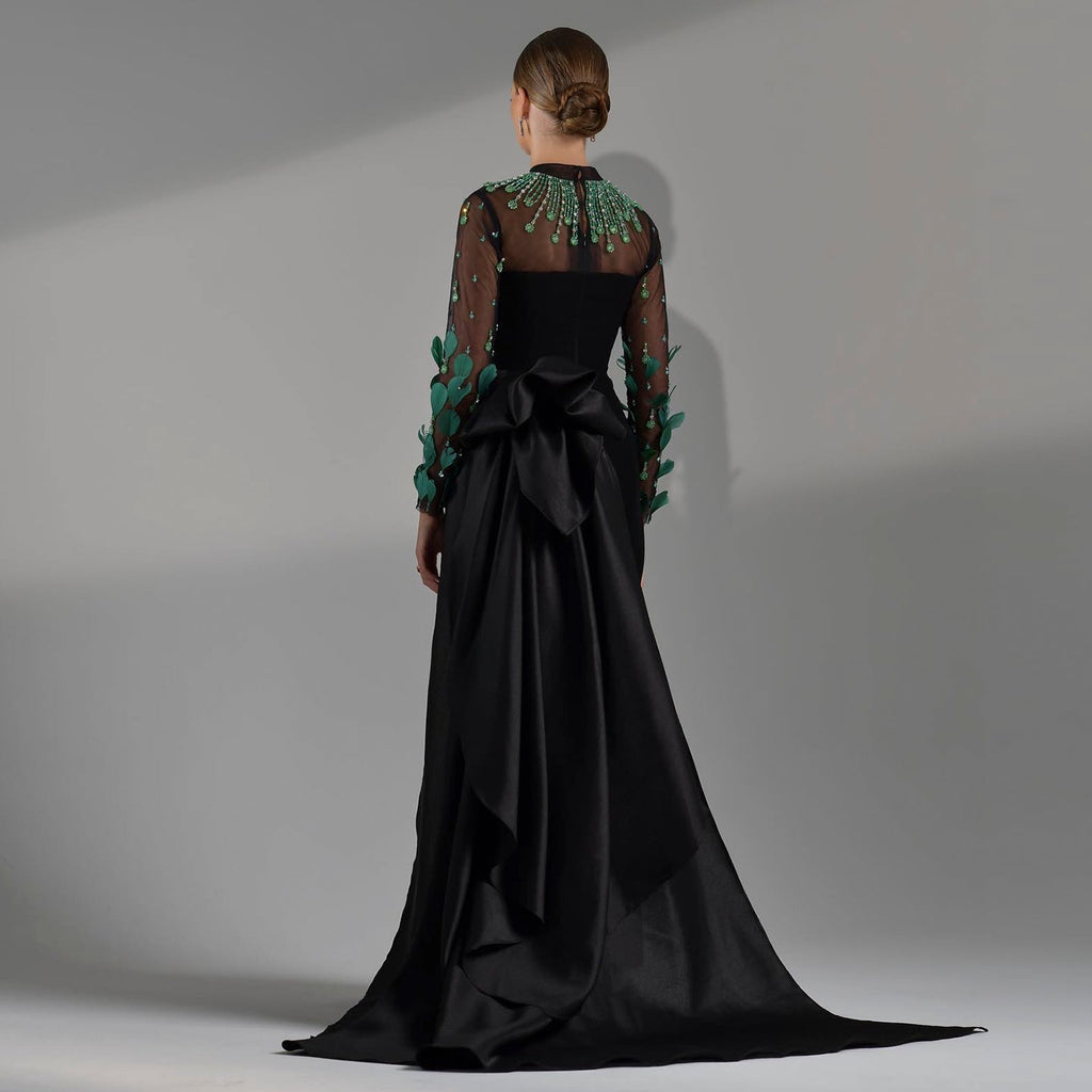 Luxury Green Feathers Black Long Sleeves Evening Dress SS457