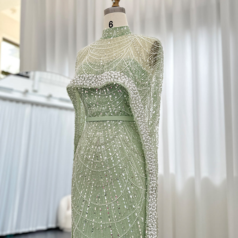 Luxury Pearls Champagne Mermaid Evening Dress with Cape SS369