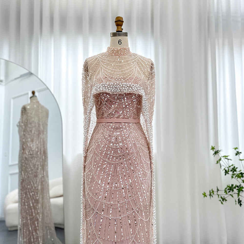 Luxury Pearls Champagne Mermaid Evening Dress with Cape SS369