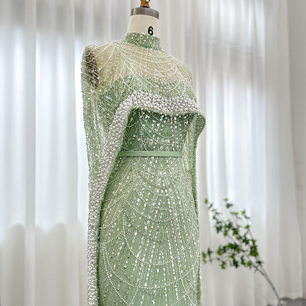 Luxury Pearls Champagne Mermaid Evening Dress with Cape SS369