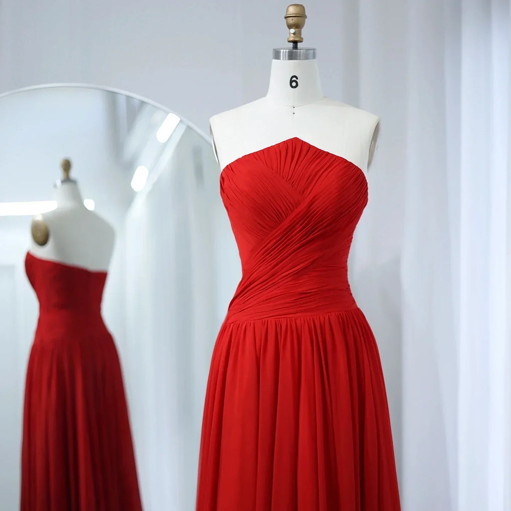 Elegant Red Chiffon A-Line Strapless Long Evening Dress with Slit SF141