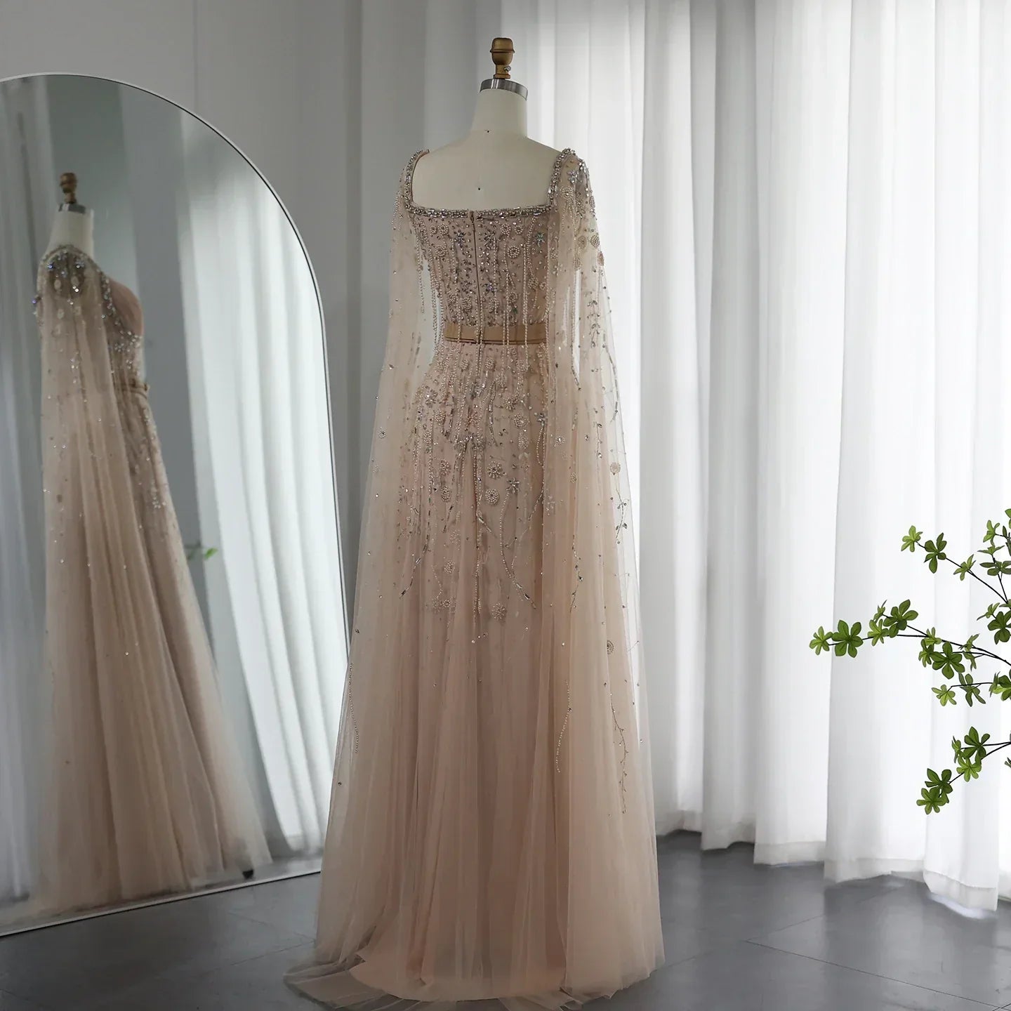 Luxury Beaded Tassel Champagne Evening Dresses with Slit SS376