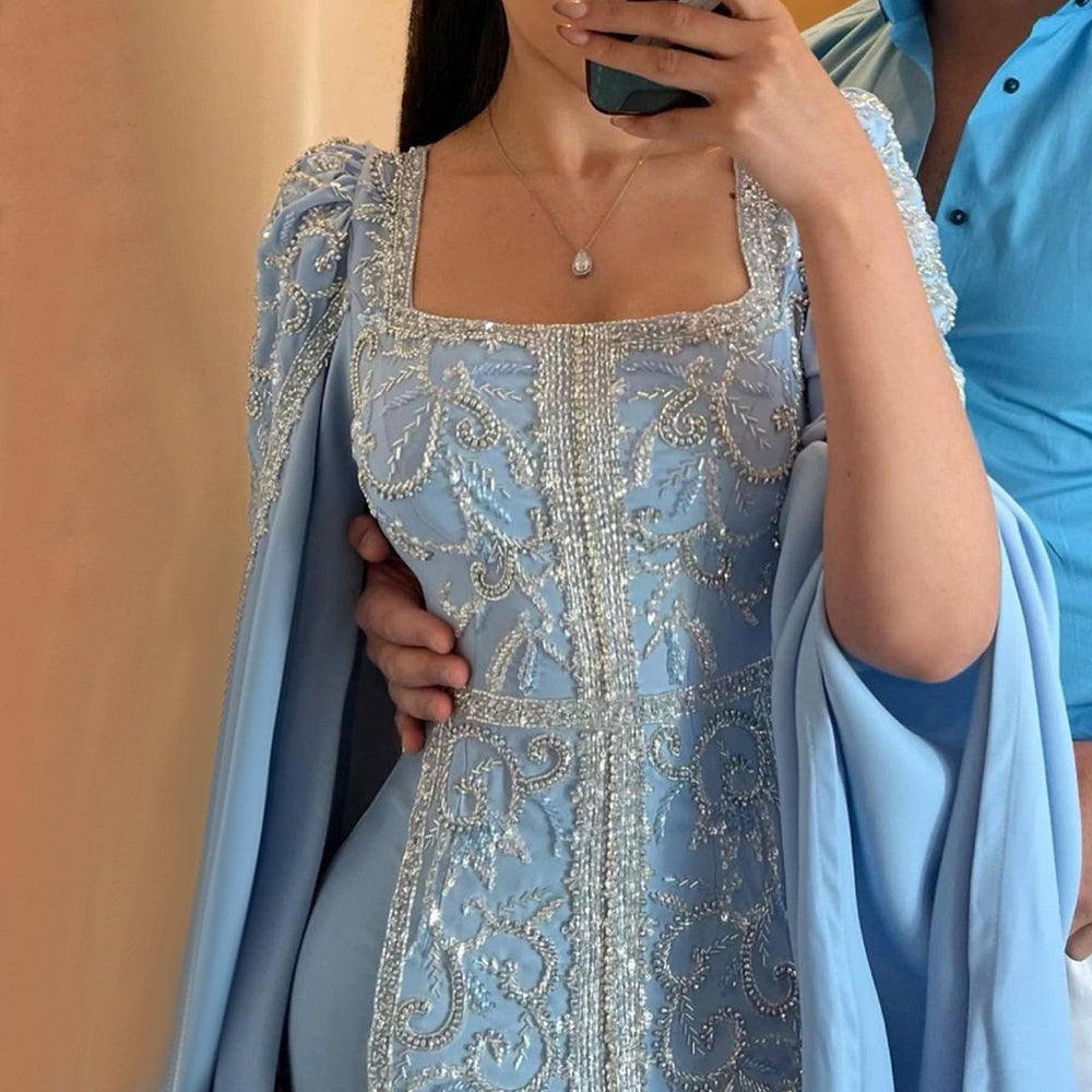 Luxury Blue Mermaid Evening Dress with Cape Sleeves SS365