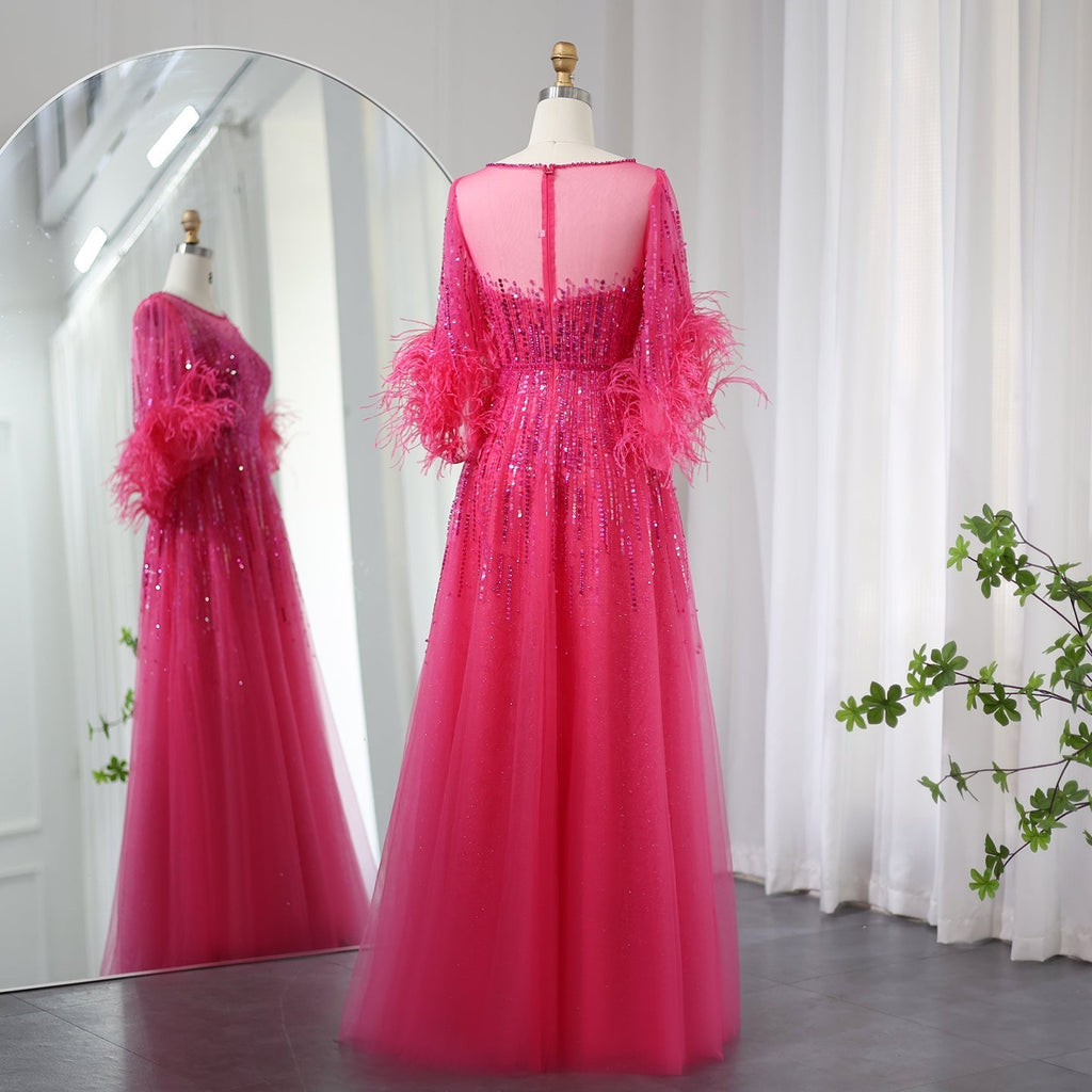 Luxury Feathers Black Half Sleeves A-Line Evening Dresses SS339