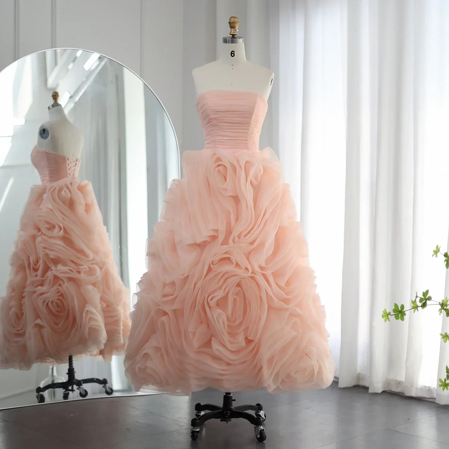 Luxury 3D Rose Flower Pink Midi Evening Dresses SS343