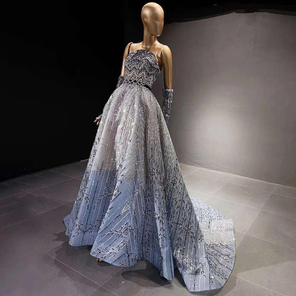 Glitter Crystal Beaded Blue Evening Dress with Sleeves SS752