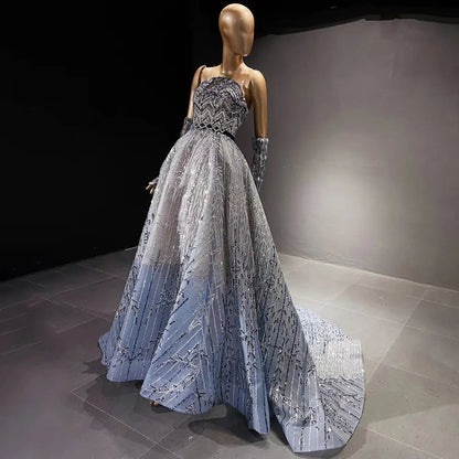 Glitter Crystal Beaded Blue Evening Dress with Sleeves SS752